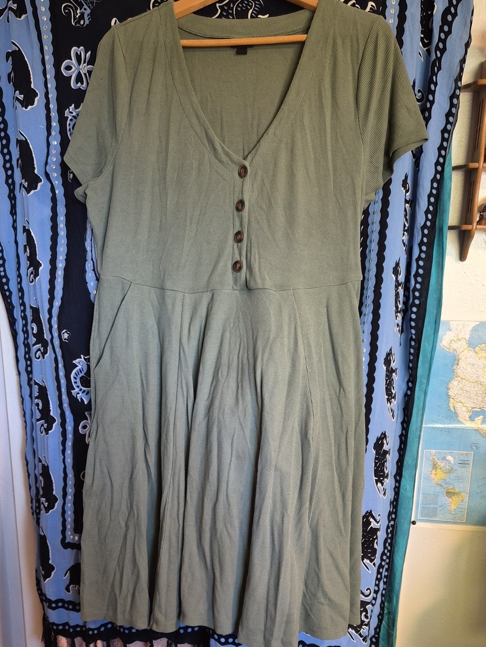 Women's Ribbed Olive Green Button-Front Short Sleeve Dress